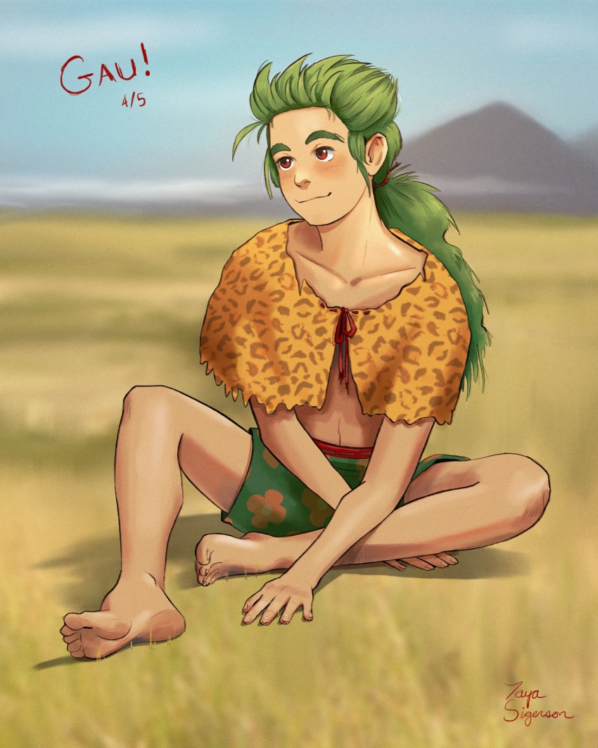 1boy absurdres animal_print barefoot bracelet brown_eyes capelet feet final_fantasy final_fantasy_vi fingernails floral_print full_body gau green_background green_hair green_shorts happy_birthday highres jewelry leopard_print low_ponytail male_focus ponytail savannah short_hair_with_long_locks shorts sidelocks sitting smile solo sparkle tan tayasigerson toenails topless_male yellow_capelet