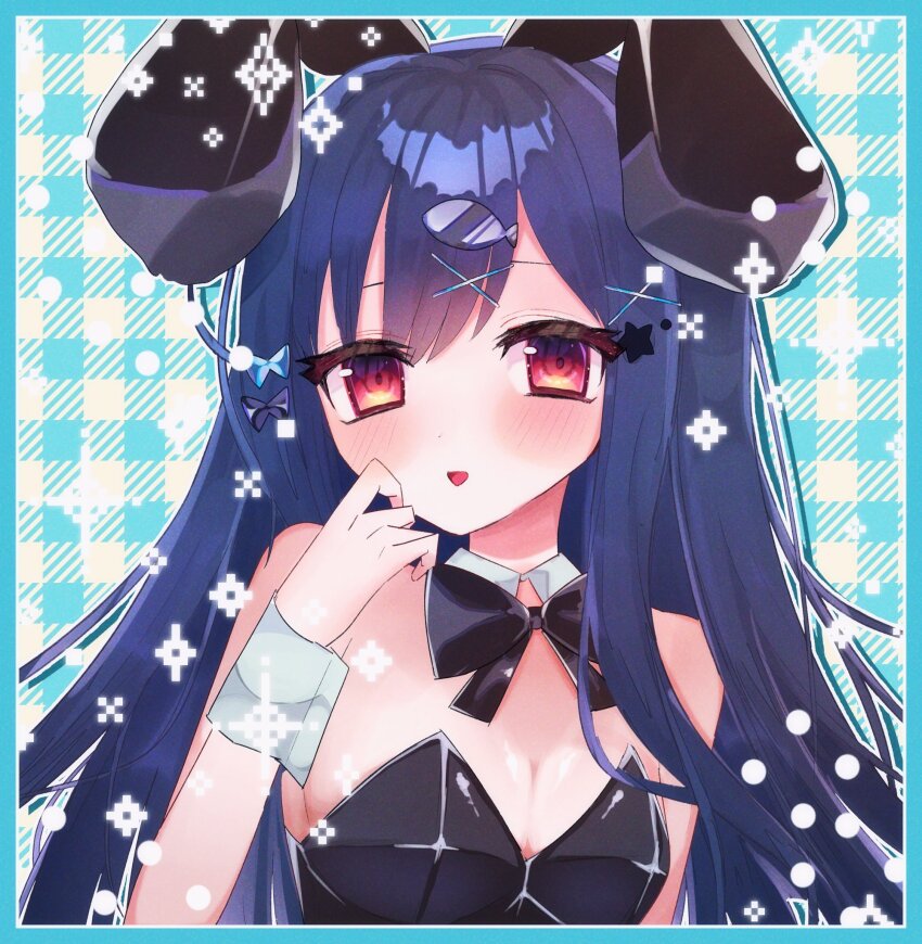 1girl alternate_costume animal_ears bare_shoulders black_bow black_bowtie black_leotard blue_background blue_border blue_hair blush border bow bowtie breasts cleavage commentary_request denonbu detached_collar fake_animal_ears fish_hair_ornament hair_ornament hairclip hand_on_own_face hand_up highres leotard long_hair looking_at_viewer ojii-san_no_oden open_mouth playboy_bunny rabbit_ears red_eyes shinonome_kazune small_breasts smile solo sparkle strapless strapless_leotard upper_body wrist_cuffs x_hair_ornament