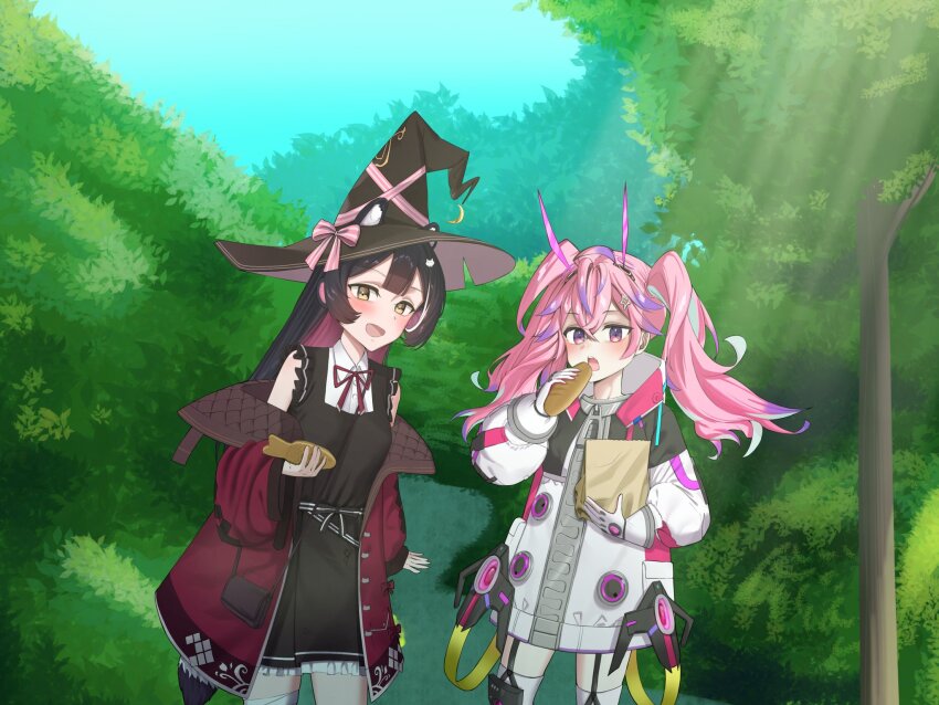 2girls animal_ears bag black_hair blush blush_stickers bread bush commission dress food forest hair_ornament hair_ribbon hat highres hood hoodie jacket looking_at_viewer multicolored_hair multiple_girls nature nebi_nebu nose open_mouth paper_bag pink_hair pixellink purple_eyes raccoon_ears raccoon_tail raki_kazuki ribbon shirt sunlight tail tree virtual_youtuber yellow_eyes