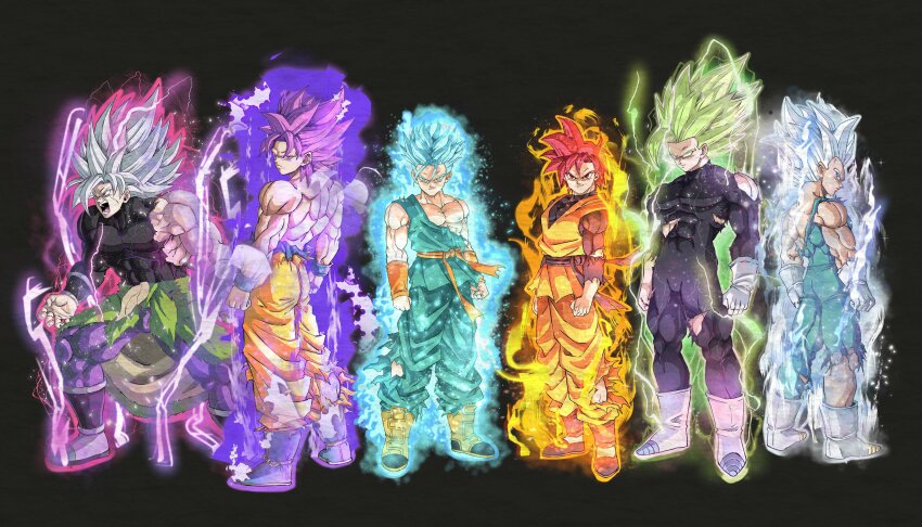 6+boys absurdres alternate_costume alternate_form alternate_hair_color aura back beatlo_(rodrigo38658978) black_background blank_eyes blue_eyes blue_hair bodysuit boots broly_(dragon_ball_super) dougi dragon_ball dragonball_z facial_scar full_body gloves gohan_beast green_hair highres legendary_super_saiyan looking_at_viewer looking_back male_focus multiple_boys muscular muscular_male no_eyebrows pants purple_eyes purple_hair red_eyes red_hair sash scar scar_on_cheek scar_on_face son_gohan son_goku son_goten spiked_hair super_saiyan super_saiyan_blue super_saiyan_god topless_male torn_bodysuit torn_clothes torn_pants trunks_(dragon_ball) ultra_ego_(dragon_ball) ultra_instinct vegeta waist_cape white_eyes white_gloves white_hair wristband