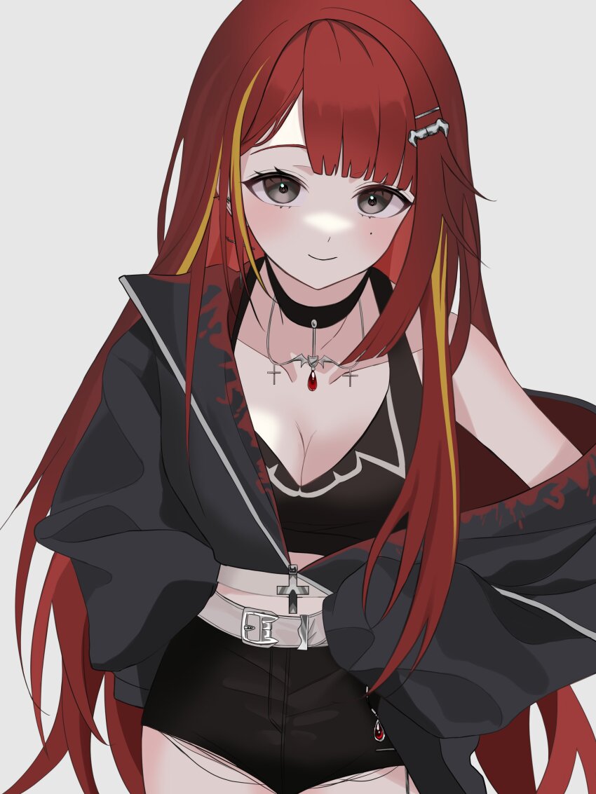 1girl absurdres akane_lize bare_shoulders belt black_choker black_eyes black_jacket black_shirt black_shorts breasts choker cleavage closed_mouth collarbone crop_top highres iruka_(furyun0220) jacket long_hair long_sleeves looking_at_viewer medium_breasts midriff_peek mole mole_on_cheek multicolored_hair off_shoulder red_hair shirt short_shorts shorts simple_background sleeveless sleeveless_shirt smile solo stellive streaked_hair torn_clothes torn_shorts very_long_hair virtual_youtuber white_background