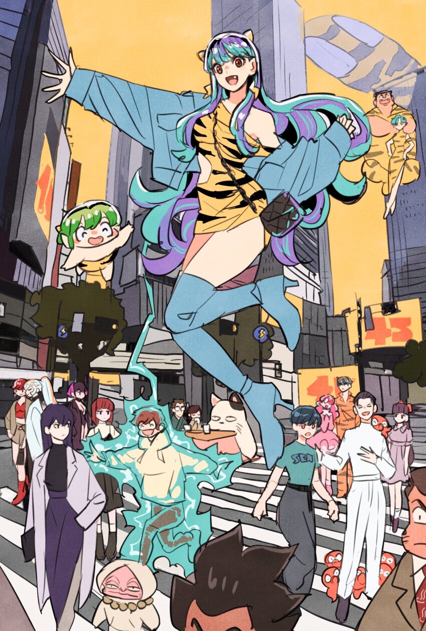 6+boys 6+girls ^_^ animal animal_on_shoulder animal_print anniversary annoyed ataru&#039;s_father ataru&#039;s_mother bag bead_necklace beads benten_(urusei_yatsura) black_dress black_hair black_leotard boots bow brown_hair cat cherry_(urusei_yatsura) china_dress chinese_clothes city closed_eyes coat cone_horns crossed_arms crossed_legs crosswalk cup dress drinking earrings electrocution everyone fang floating fujinami_ryuunosuke glasses hair_bow hand_in_pocket handbag hands_on_own_hips highres holding holding_cup hood hoodie horns jacket jewelry jumpsuit knee_boots kotatsu kotatsu-neko laughing leotard long_coat looking_at_viewer looking_back lum lum&#039;s_father lum&#039;s_mother mendou_ryouko mendou_shuutarou midriff miyake_shinobu moroboshi_ataru multicolored_hair multiple_boys multiple_girls necklace necktie octopus oni onsen-mark onsen_symbol open_clothes open_coat open_jacket open_mouth oyuki_(urusei_yatsura) pantyhose pink_dress pink_hair print_shirt ran_(urusei_yatsura) red_hair rei_(urusei_yatsura) running ryuunosuke&#039;s_father sakura_(urusei_yatsura) shirt side_slit single_bare_shoulder sitting smile spacecraft table takeuchi_ryousuke tea ten_(urusei_yatsura) tiger_print urusei_yatsura walking waving white_hair white_hoodie yellow_background