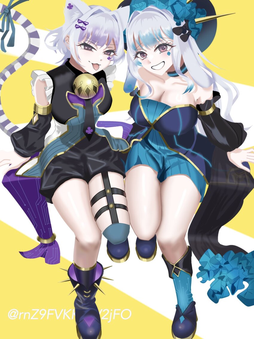 2girls animal_ears asymmetrical_bangs bare_shoulders boots brown_eyes cat_ears cat_girl clenched_teeth collarbone detached_sleeves duel_monster hair_intakes hand_on_ground hat highres long_sleeves looking_at_viewer maliss_&lt;p&gt;_chessy_cat maliss_&lt;p&gt;_march_hare multiple_girls pink_eyes rabbit_ears rabbit_girl rnz9fvkkicv2jfo sitting smile spade_(shape) spiked_boots teeth thighs tongue tongue_out white_hair yu-gi-oh!