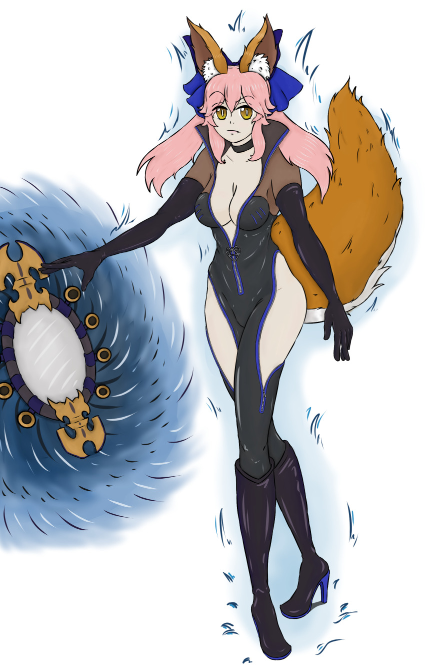 absurdres angry animal_ears bodysuit breasts choker cosplay eepyrabbit elbow_gloves facing_viewer fate/grand_order fate_(series) fox_ears fox_tail full_body gloves high_heels highres kneehighs koyanskaya_(assassin)_(first_ascension)_(fate) koyanskaya_(fate) medium_breasts mirror noble_phantasm_(fate) pink_hair ribbon socks tail tamamo_(fate) tamamo_no_mae_(fate) twintails yellow_eyes