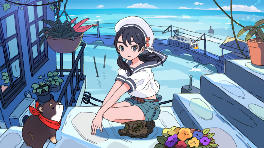 1girl animal black_hair blue_flower blue_sailor_collar blue_shorts blue_sky boots brown_boots cloud commentary_request day dog flower full_body hanging_plant hat highres house looking_at_viewer low_twintails ocean original plant potted_plant red_scarf sailor_collar sailor_hat sailor_shirt scarf shirt short_sleeves shorts sky solo squatting stairs streetcar takaichi_(tkch) twintails water white_hat wind window yellow_flower