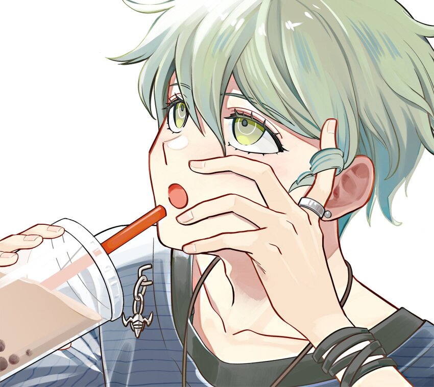 1boy amami_rantaro bubble_tea collarbone danganronpa_(series) danganronpa_v3:_killing_harmony ear_piercing earrings green_eyes green_hair hair_between_eyes highres jewelry male_focus moi_(arararcrc) open_mouth piercing shirt short_hair solo striped_clothes striped_shirt
