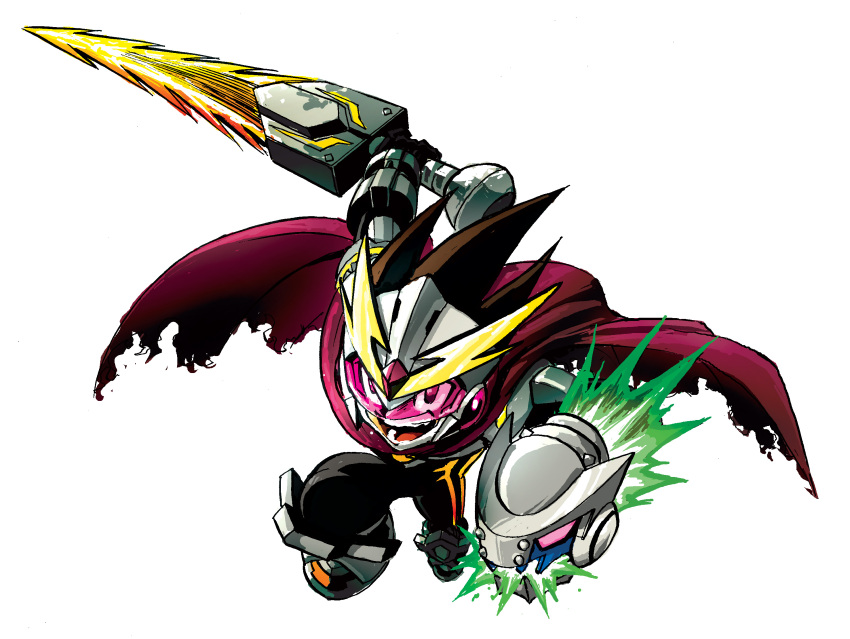 1boy arm_cannon assault_visor black_bodysuit bodysuit cape full_body geo_stelar_(mega_man) helmet highres holding holding_sword holding_weapon itagaki_masaya male_focus mega_man_(series) mega_man_star_force_(series) red-tinted_eyewear red_cape simple_background solo star_force_mega_man sword tinted_eyewear weapon white_background