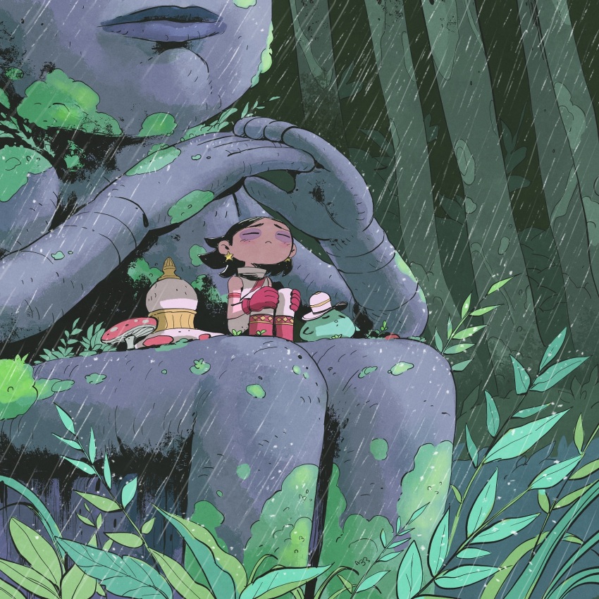 1girl boots creature earrings fantasy forest hat highres jewelry leaf migamigami moss nature original outdoors pants plant rain scenery shirt sitting statue toon_(style) tree