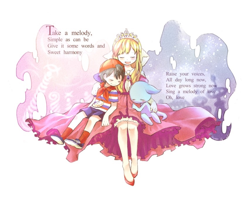 1girl 2boys backwards_hat black_hair blonde_hair dress english_text giygas hat instrument lyrics mother_(series) mother_1 multiple_boys neckerchief ninten nintendo ocarina open_mouth pink_dress queen_mary sanaknim shirt shoes smile sneakers socks striped_clothes striped_shirt tiara