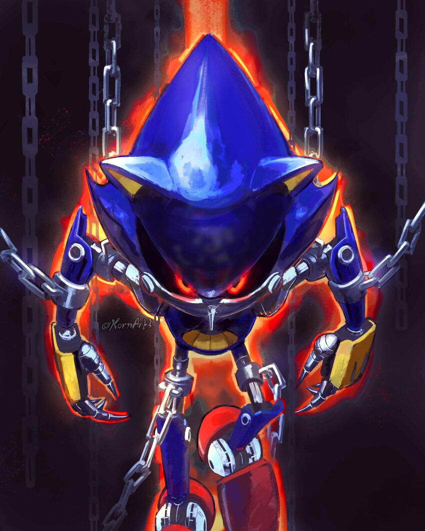 1boy absurdres animal_ears armor aura black_sclera blue_armor book_cover_redraw bound chain character_doll claws colored_sclera cuffs derivative_work doll full_body glowing glowing_eyes hedgehog_boy highres humanoid_robot kornart looking_at_viewer male_focus metal_sonic red_eyes red_shoes reflection reflective_surface restrained robot shackles shoes solo sonic_(series) sonic_the_hedgehog_(idw) when_you_see_it