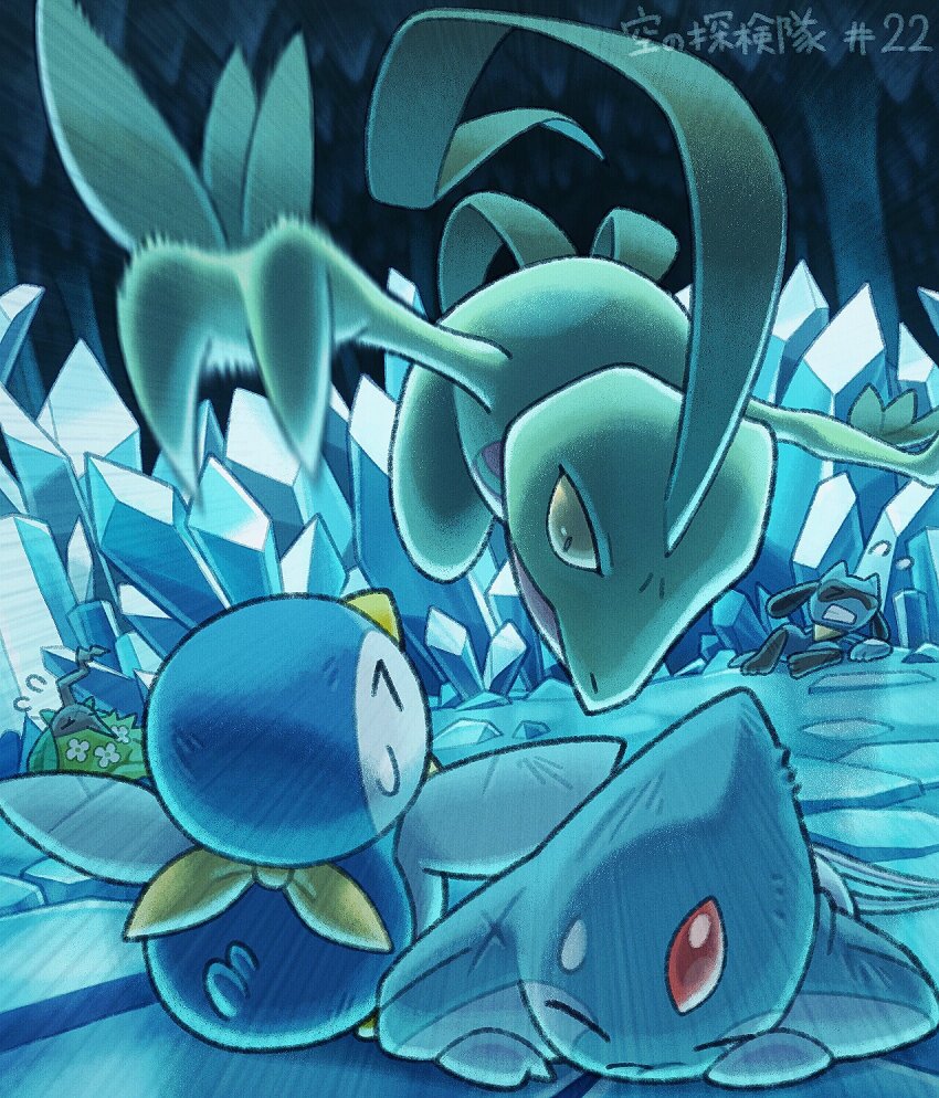 &gt;_&lt; azelf cave_interior closed_eyes closed_mouth commentary_request emphasis_lines flying_sweatdrops gen_3_pokemon gen_4_pokemon grovyle highres komepan legendary_pokemon nintendo no_humans piplup pokemon pokemon_(creature) pokemon_focus riolu sweatdrop translation_request wormadam wormadam_(plant) yellow_eyes