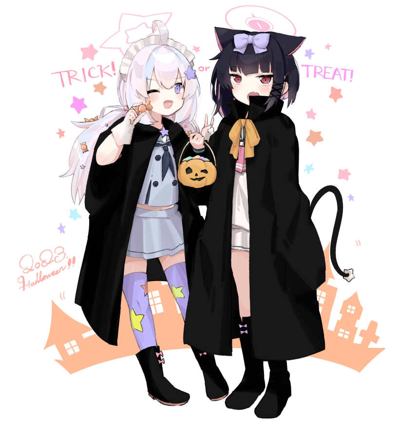 2girls ahoge animal_ears black_cape black_footwear black_hair black_neckerchief blue_archive boots candy cape cat_ears cat_tail colored_inner_hair fang food gloves grey_serafuku grey_skirt hair_ornament halloween halloween_costume halo highres holding holding_candy holding_food kazusa_(blue_archive) long_hair looking_at_viewer motion_lines multicolored_hair multiple_girls neckerchief negu_(pixiv_6519140) one_eye_closed open_mouth pink_hair pink_halo purple_eyes purple_hair purple_thighhighs red_eyes reisa_(blue_archive) sailor_collar school_uniform serafuku short_hair skin_fang skirt smile star_(symbol) star_hair_ornament star_print tail thighhighs trick_or_treat twintails white_background white_gloves white_sailor_collar