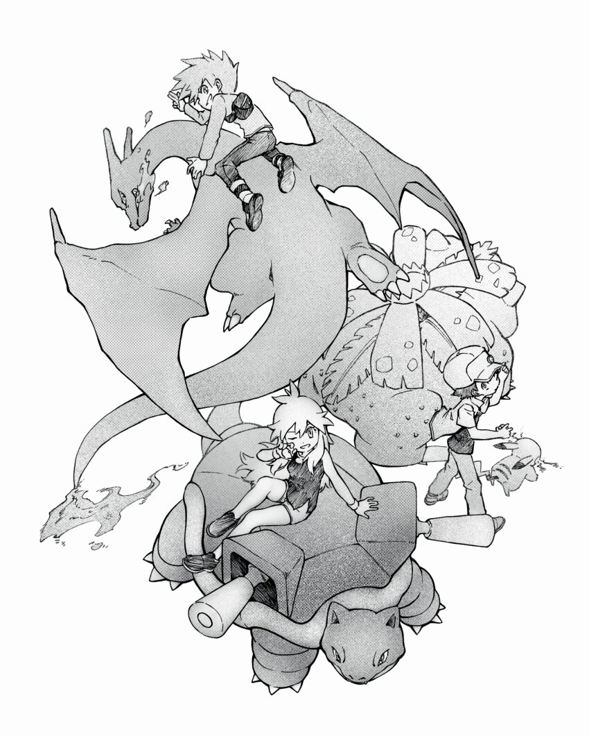 1girl 2boys absurdres bare_shoulders blastoise blue_oak charizard creatures_(company) dragon fire flying full_body game_freak gen_1_pokemon green_(pokemon) greyscale grin highres holding holding_poke_ball jacket looking_at_viewer monochrome multiple_boys nintendo one_eye_closed pants pikachu poke_ball pokemon pokemon_(creature) pokemon_lgpe red_(pokemon) shell shorts simple_background sitting smile spiked_hair tan_carbonnn venusaur white_background wrist_cuffs