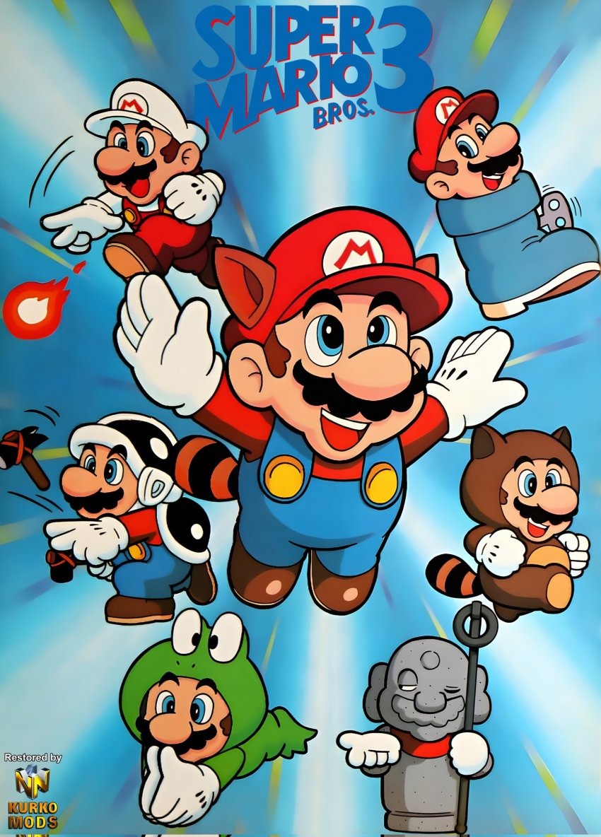 6+boys animal_ears blue_eyes brown_hair facial_hair fire fire_mario fireball flying frog_mario full_body gloves grin hammer hammer_mario hat highres kuribo&#039;s_shoe mario mario_(series) multiple_boys mustache nintendo one_eye_closed open_mouth poster power-up promotional_art raccoon_ears raccoon_mario raccoon_tail smile super_mario_bros._3 tail tanooki_mario throwing wink