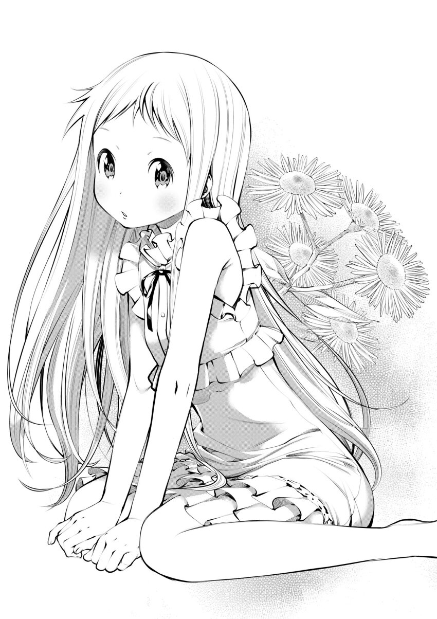 1girl ano_hi_mita_hana_no_namae_wo_bokutachi_wa_mada_shiranai. dress feet_out_of_frame flower forehead frilled_dress frills fukushima_masayasu grey_hair greyscale highres honma_meiko long_hair looking_at_viewer monochrome sitting solo wariza