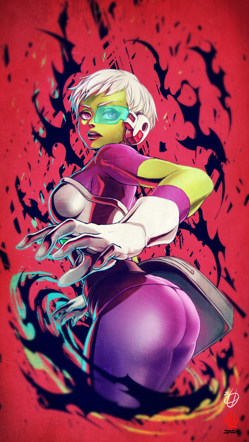 1girl absurdres armor ass bodysuit breasts cheelai colored_skin dragon_ball dragon_ball_super dragon_ball_super_broly female_focus gloves green-tinted_eyewear green_skin highres huge_ass kanchiyo large_breasts open_mouth purple_bodysuit purple_eyes scouter short_hair sideboob solo tinted_eyewear white_gloves white_hair