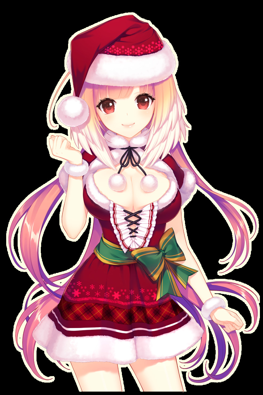 1girl breasts christmas cleavage dress green_ribbon hat highres large_breasts long_hair looking_at_viewer official_art pink_hair red_eyes ribbon santa_costume santa_dress santa_hat selena_(soccer_spirits) shirahane_nao snowflake_print soccer_spirits transparent_background