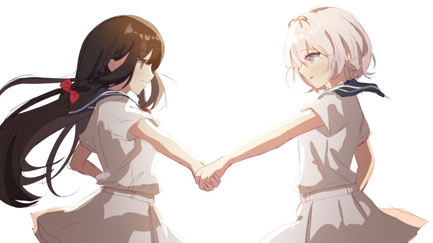 2girls absurdres black_ribbon blue_eyes blue_sailor_collar blush bow braid brown_eyes brown_hair commentary cowboy_shot floating_hair hair_bow hair_ribbon hanamura_hinako hashtag-only_commentary highres holding_hands kitanai_kimi_ga_ichiban_kawaii long_hair multiple_girls open_mouth patipafu red_bow ribbon sailor_collar school_uniform serafuku sezaki_airi shirt short_hair short_sleeves side_braids sidelocks simple_background skirt white_background white_hair white_serafuku white_shirt white_skirt yuri