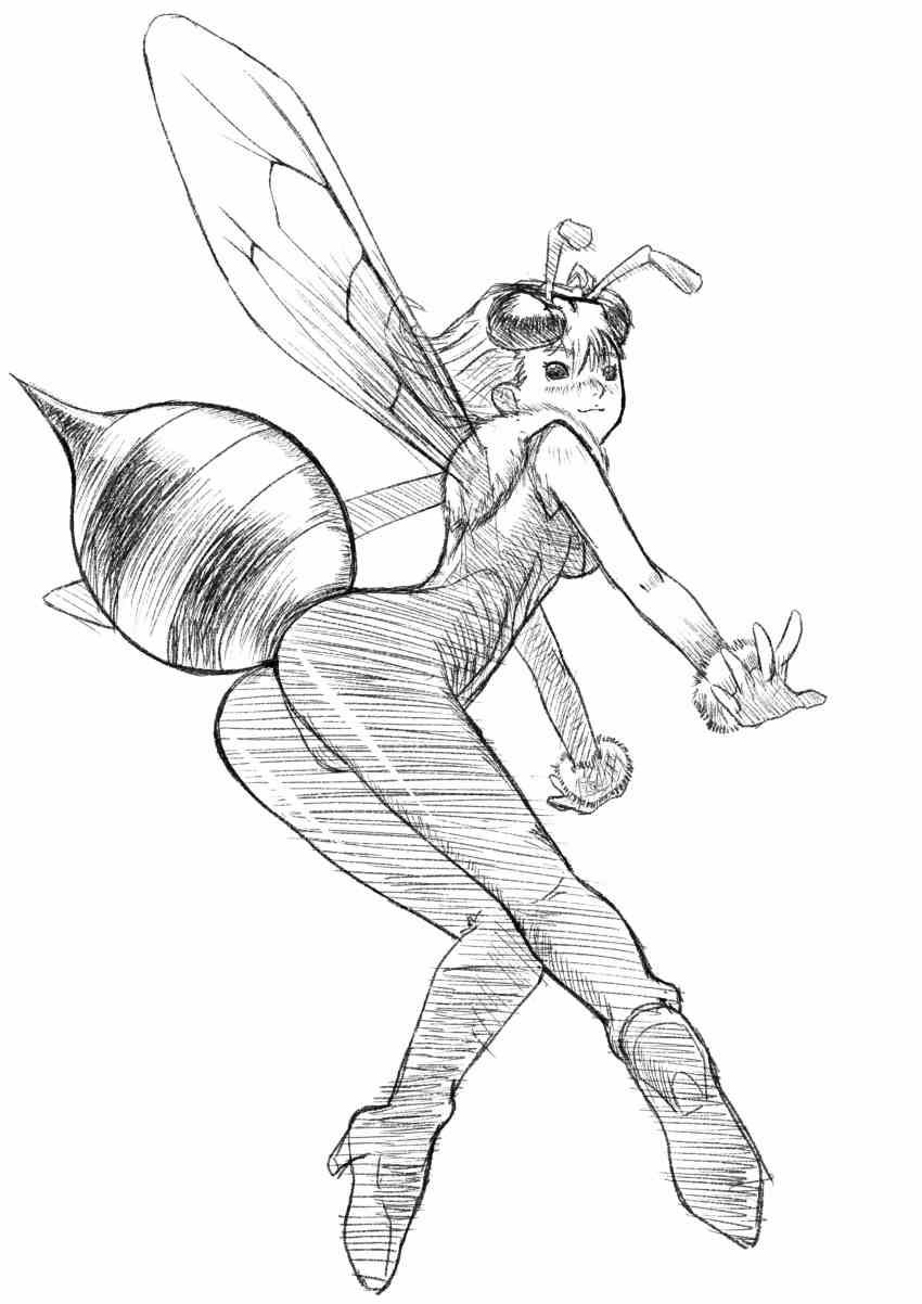 1girl absurdres ass bee_girl breasts capcom cessa female_focus full_body high_heels highres arthropod_girl monochrome q-bee simple_background solo darkstalkers white_background wings