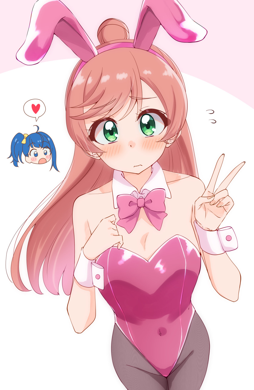 2girls absurdres animal_ears black_pantyhose blue_eyes blue_hair blush bow bowtie breasts cleavage closed_mouth detached_collar fake_animal_ears green_eyes hair_bow heart highres hirogaru_sky!_precure leotard long_hair medium_hair multiple_girls nijigaoka_mashiro open_mouth pantyhose pink_bow pink_bowtie pink_hair pink_leotard playboy_bunny ponytail precure rabbit_ears side_ponytail small_breasts sora_harewataru strapless strapless_leotard sugimura_mickey swept_bangs v wrist_cuffs yellow_bow