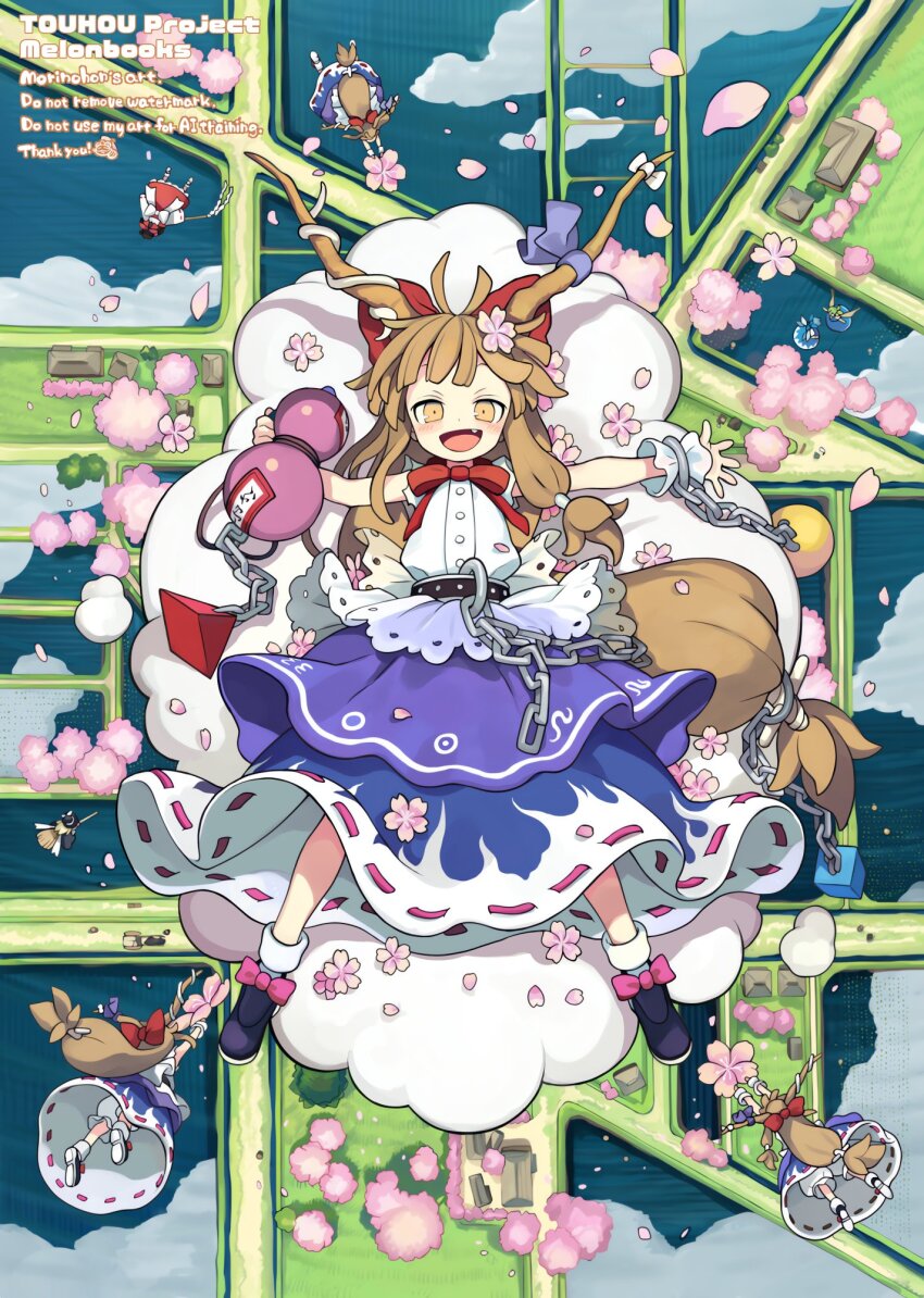 6+girls :d black_hat black_shoes blonde_hair bloomers blue_hair blue_skirt bow bowtie broom broom_riding chain cherry_blossoms cirno clone cloud commentary cuffs daiyousei fang flower from_above gohei gourd green_hair hair_bow hakurei_reimu hat highres holding holding_flower holding_gohei holding_gourd horns ibuki_suika kirisame_marisa long_hair looking_at_viewer low-tied_long_hair morino_hon multiple_girls open_mouth orange_hair outdoors outstretched_arms ox-driven_carriage pink_flower purple_skirt red_bow red_bowtie red_skirt ribbon-trimmed_skirt ribbon_trim shirt shoes skirt smile socks solo spread_arms symbol-only_commentary torn_clothes torn_sleeves touhou tree underwear very_long_hair village watermark white_bloomers white_shirt white_socks witch_hat yellow_eyes