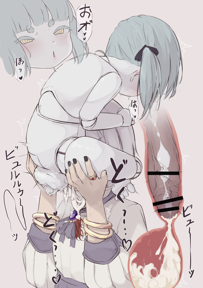 1futa 1girl @_@ absurdres bar_censor black_nails blush bracelet censored colored_skin commission completely_nude cross-section cum cum_in_urethra cum_overflow deepthroat doll_joints ejaculation erection fellatio futa_with_female futanari gold_bracelet grey_hair highres internal_cumshot irrumatio jewelry joints large_penis large_testicles loli multiple_views nude oral original painnico parted_lips penis pixiv_commission rori_poster&#039;s_oc short_hair simple_background testicles white_hair white_skin yellow_eyes