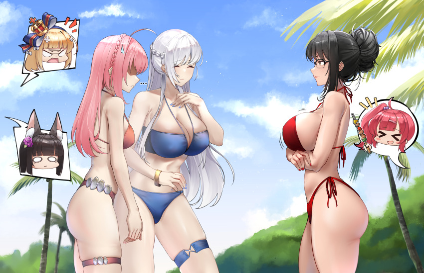 &gt;_&lt; ... 6+girls absurdres alternate_costume ass atlanta_(azur_lane) azur_lane belfast_(azur_lane) bikini black_hair blonde_hair blue_bikini blue_sky breast_envy breasts cloud commander_(azur_lane) commentary commission day english_commentary female_commander_(azur_lane) from_side hair_bun highres huge_breasts irkawaza k-on! large_breasts long_hair multiple_girls nagato_(azur_lane) outdoors parody pink_bikini pink_hair queen_elizabeth_(azur_lane) rectangular_eyewear red_bikini san_diego_(azur_lane) scene_reference second-party_source shaded_face side-tie_bikini_bottom side_ponytail sky swimsuit thigh_strap yukimura_ryuuko_(ryuuko)
