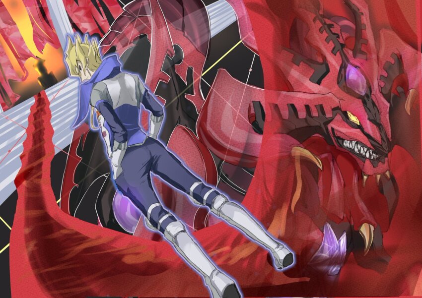 1boy black_pants blonde_hair card dragon duel_monster hands_in_pockets holding holding_card jack_atlas jacket noppe pants red_supernova_dragon solo_focus spiked_hair throne white_jacket yu-gi-oh! yu-gi-oh!_5d&#039;s