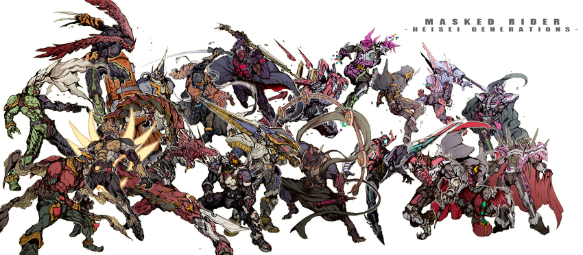 6+boys action_gamer_level_2 antennae armor belt black_bodysuit blue_eyes bodysuit breastplate cape card chain claw_(weapon) commentary compound_eyes dragon drumsticks dual_wielding eastern_dragon everyone eyecon full_armor gaia_memory gloves glowing graphite_(medium) green_bodysuit green_eyes helmet heterochromia highres holding holding_sword holding_weapon hood hooded_jacket hoodie horns jacket kamen_rider kamen_rider_555 kamen_rider_agito kamen_rider_agito_(series) kamen_rider_blade kamen_rider_blade_(series) kamen_rider_build kamen_rider_build_(series) kamen_rider_dcd kamen_rider_decade kamen_rider_den-o kamen_rider_den-o_(series) kamen_rider_double kamen_rider_drive kamen_rider_drive_(series) kamen_rider_ex-aid kamen_rider_ex-aid_(series) kamen_rider_faiz kamen_rider_fourze kamen_rider_fourze_(series) kamen_rider_gaim kamen_rider_gaim_(series) kamen_rider_ghost kamen_rider_ghost_(series) kamen_rider_hibiki kamen_rider_hibiki_(series) kamen_rider_kabuto kamen_rider_kabuto_(series) kamen_rider_kiva kamen_rider_kiva_(series) kamen_rider_kuuga kamen_rider_kuuga_(series) kamen_rider_ooo kamen_rider_ooo_(series) kamen_rider_ryuki kamen_rider_ryuki_(series) kamen_rider_w kamen_rider_wizard kamen_rider_wizard_(series) kamen_rider_zi-o kamen_rider_zi-o_(series) male_focus mask mechanical_pencil mighty_action_x_level_2 multiple_boys multiple_wings o_medal open_mouth orange_eyes ore_damashii pauldrons pencil pink_eyes poses rabbit+tank_form_(best_match) red_cape red_eyes rider_belt rider_gashat rocket scarf shift_car shoulder_armor shoulder_pads silver_trim single_horn standing sword tokusatsu traditional_media translation_request type_speed unused_tire weapon white_background wings yellow_eyes zakkizaki ziku_driver
