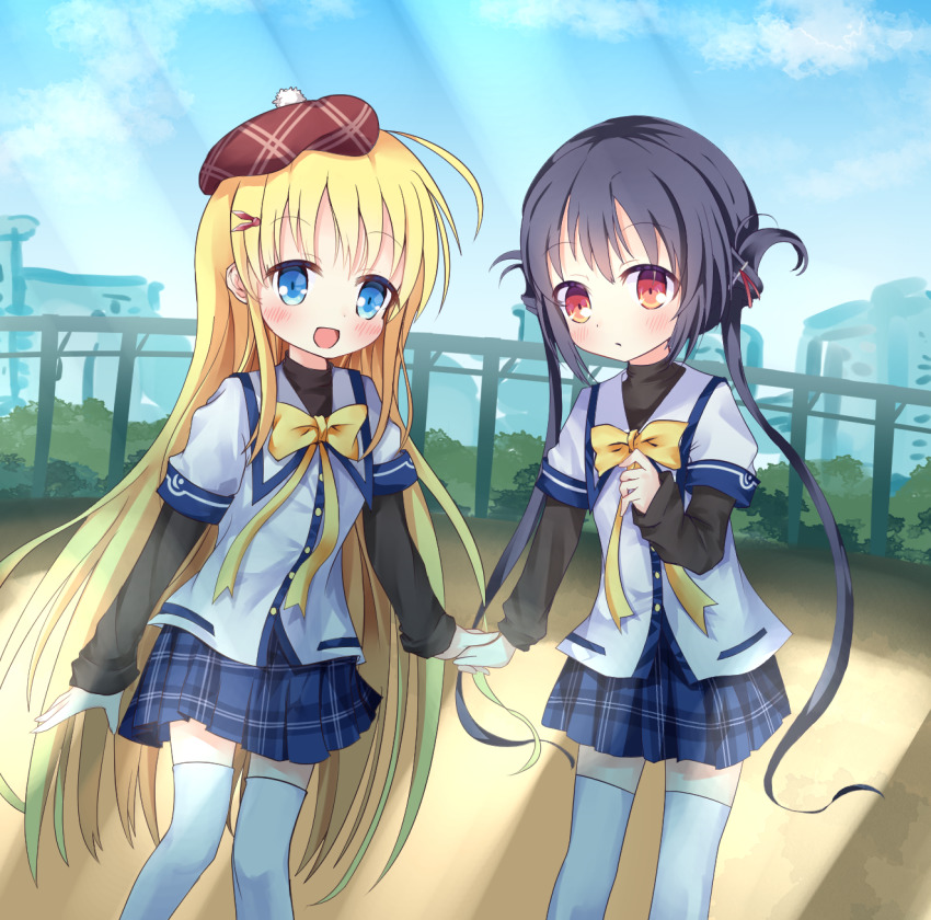 2girls black_hair black_shirt blonde_hair blue_eyes blue_skirt brown_eyes brown_headwear cloud clover_days hair_ornament hairclip hat highres holding_hands long_hair multiple_girls open_mouth outdoors p-hone plaid_clothes plaid_skirt school_uniform shirt siblings sisters skirt sky smile takakura_anri takakura_anzu thighhighs twintails very_long_hair white_legwear white_shirt