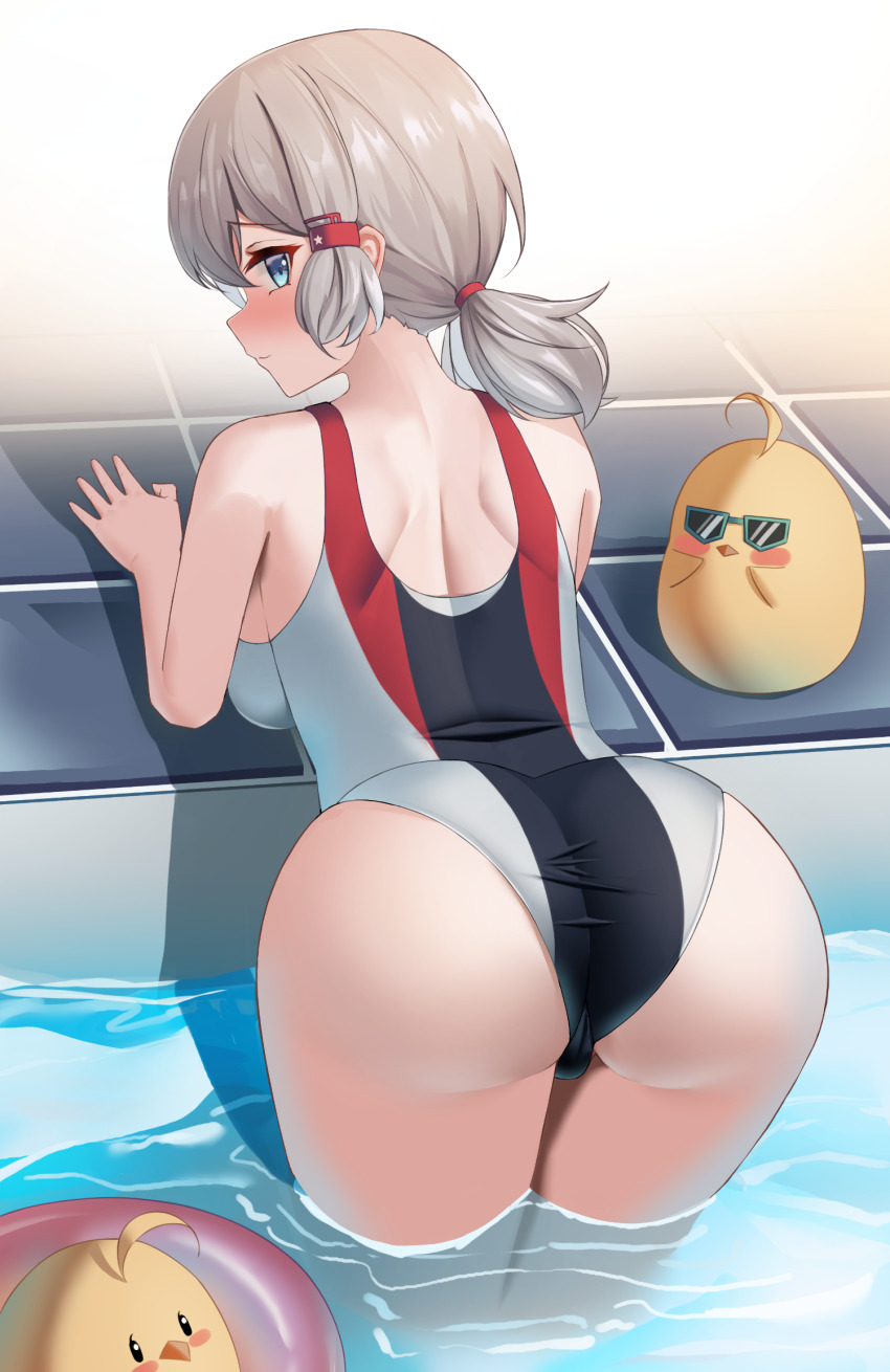 1girl adapted_costume ass azur_lane bare_shoulders bent_over blonde_hair blue_eyes blush breasts brown_hair commission competition_swimsuit denver_(azur_lane) from_behind hair_ornament hairclip highres hip_focus leaning_forward looking_at_viewer looking_back manjuu_(azur_lane) medium_breasts medium_hair one-piece_swimsuit pixiv_commission pool skin_tight solo staring swimsuit thighs twintails wading wet wynnblue