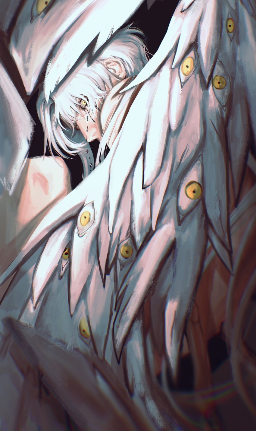 1boy black_tears crying crying_with_eyes_open emet-selch extra_eyes eyelashes closed_eyes feathered_wings final_fantasy final_fantasy_xiv highres long_hair looking_at_viewer male_focus nude painterly solo tears tyt_tham veins white_hair wings yellow_eyes