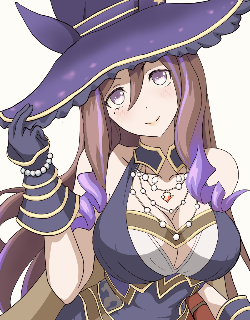 1girl absurdres animal_ears bare_shoulders black_gloves black_hat blush breasts brown_hair cleavage closed_mouth collarbone dress gloves hair_between_eyes hat highres horse_ears horse_girl large_breasts long_hair looking_at_viewer low_twintails masasim official_alternate_costume official_alternate_hairstyle purple_dress purple_eyes purple_hair seeking_the_pearl_(be-witched)_(umamusume) seeking_the_pearl_(umamusume) simple_background sleeveless sleeveless_dress smile twintails umamusume upper_body white_background witch_hat