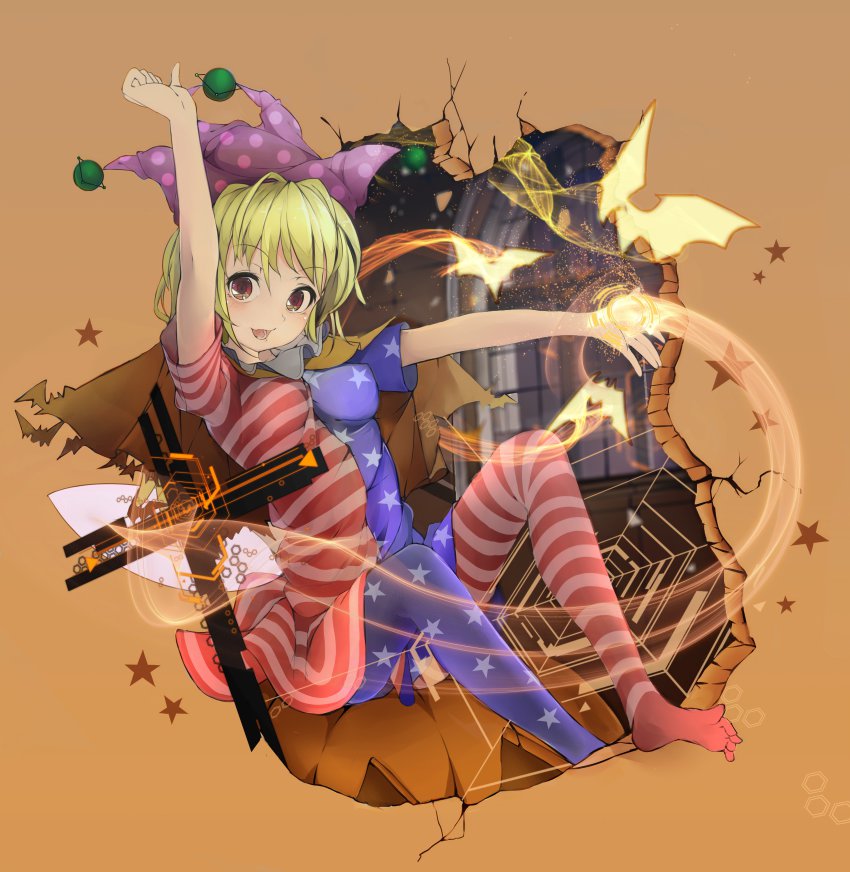 1girl absurdres american_flag_dress american_flag_legwear arm_up blonde_hair capelet clownpiece feet female_focus hat highres jester_cap long_hair looking_at_viewer no_shoes open_mouth outstretched_arms pantyhose polka_dot print_pantyhose radiosity_(yousei) red_eyes short_sleeves simple_background smile solo star_(symbol) striped teeth toes touhou wings