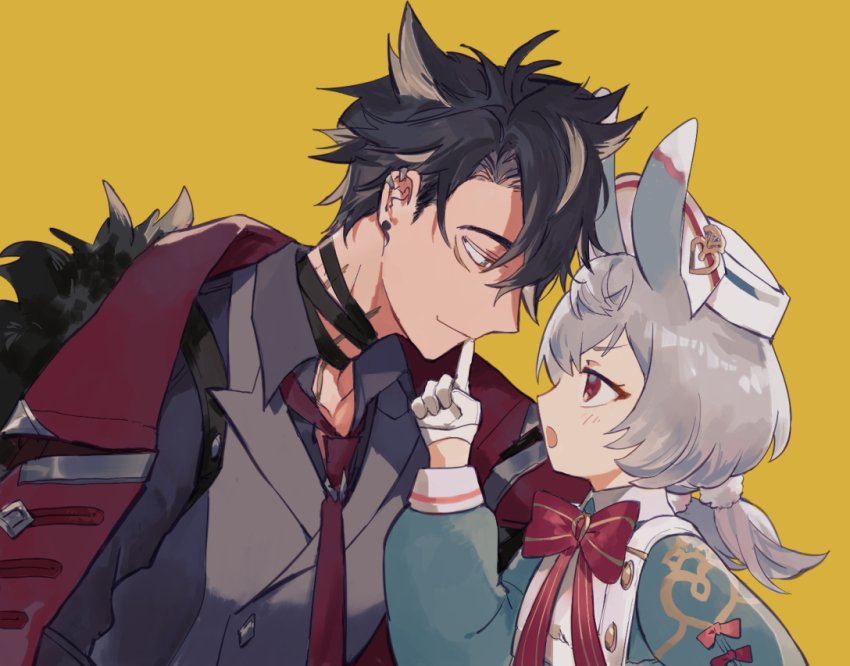 1boy 1girl animal_ears bow bowtie commentary_request earrings finger_to_another&#039;s_mouth genshin_impact gloves grey_hair grey_shirt hair_ornament jewelry kamei_(yamatomo24) long_sleeves low_twintails necktie open_mouth pom_pom_(clothes) pom_pom_hair_ornament red_bow red_bowtie red_eyes red_necktie shirt sigewinne_(genshin_impact) simple_background smile twintails upper_body white_gloves wriothesley_(genshin_impact) yellow_background