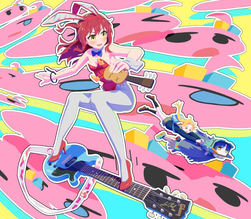 4girls absurdres animal_ears blob blonde_hair blue_hair bocchi_the_rock! canti cosplay detached_collar electric_guitar fake_animal_ears flcl g9in32 gibson_les_paul gotoh_hitori guitar haruhara_haruko haruhara_haruko_(cosplay) high_heels highres ijichi_nijika instrument kessoku_band kita_ikuyo leotard long_hair multiple_girls one_side_up open_mouth outline pantyhose rabbit_ears red_hair red_leotard red_shoes riding school_uniform shimokitazawa_high_school_uniform shoes smile white_outline white_pantyhose yamada_ryo yellow_eyes