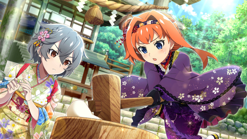 2girls :o black_gloves blue_eyes braid brown_eyes closed_mouth dutch_angle floating_hair floral_print floral_print_kimono food game_cg gloves hair_between_eyes hair_bun hair_intakes hair_up hairband highres higurashi_no_naku_koro_ni higurashi_no_naku_koro_ni_mei holding holding_mallet houtani_nao japanese_clothes kimiyoshi_kazuho kimono kine lens_flare light_rays long_hair looking_at_food mallet mochi mochitsuki mortar_(bowl) multiple_girls new_year non-web_source obi official_alternate_hairstyle official_art open_mouth orange_hair outdoors print_kimono purple_kimono rope sash shimenawa shrine single_hair_bun sitting sparkle standing sunbeam sunlight sweat torii tree v-shaped_eyebrows wide_sleeves