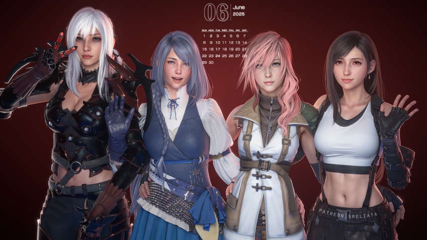 4girls aranea_highwind arm_around_waist armor breasts calendar_(medium) cleavage final_fantasy final_fantasy_vii final_fantasy_vii_remake final_fantasy_xiii final_fantasy_xv final_fantasy_xvi gloves grey_hair in-franchise_crossover jill_warrick leather_vest lightning_farron looking_at_viewer multiple_girls pink_hair single_glove sleeveless sleeveless_turtleneck sreliata suspenders tank_top tifa_lockhart turtleneck v white_hair white_tank_top