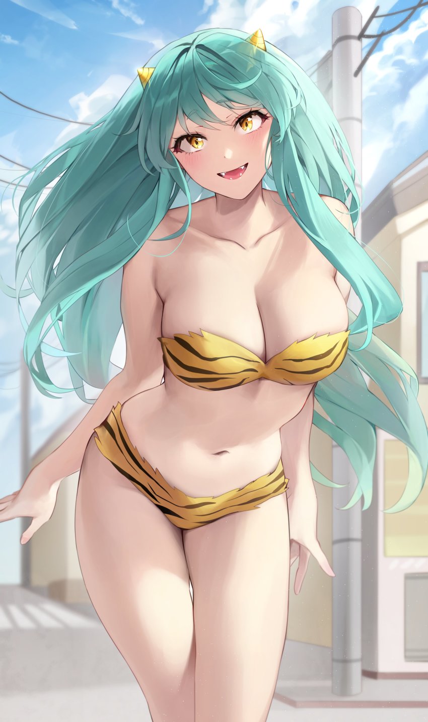 1girl :d absurdres animal_print bikini blush breasts commentary_request cone_horns fangs green_hair highres horns long_hair looking_at_viewer lum medium_breasts navel oni open_mouth outdoors pointy_ears sabotensuteeki smile solo standing strapless swimsuit tiger_print urusei_yatsura yellow_eyes