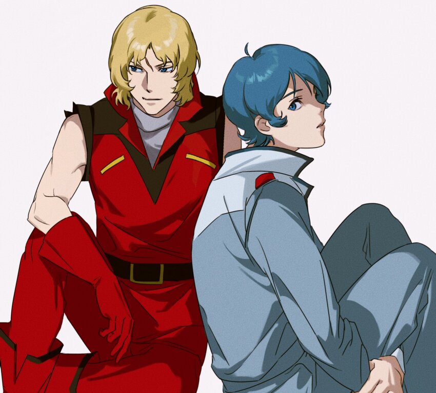 2boys aeug ahoge bare_shoulders belt black_belt blonde_hair blue_eyes blue_jacket blue_pants boots closed_mouth collared_jacket elbow_gloves elbow_on_knee erhuazi917 feet_out_of_frame gloves gundam hand_on_own_arm highres holding_own_leg jacket kamille_bidan knee_up knees_up light_smile long_sleeves looking_to_the_side male_focus military_uniform multiple_boys pants parted_bangs parted_lips quattro_bajeena red_boots red_gloves red_jacket scar scar_on_face scar_on_forehead short_hair sidelocks simple_background sitting sleeveless sleeveless_jacket sleeveless_turtleneck turtleneck v-neck white_background zeta_gundam