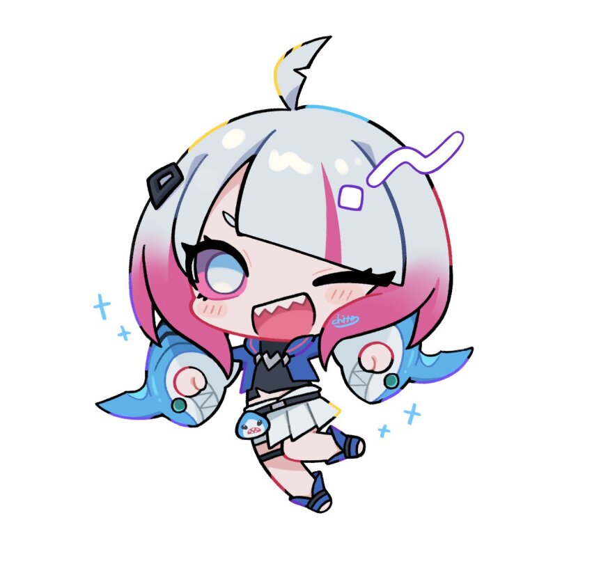 1girl blood_golem briar_(league_of_legends) chibi highres league_of_legends multicolored_hair one_eye_closed sharp_teeth shork_cosplay_briar teeth wink