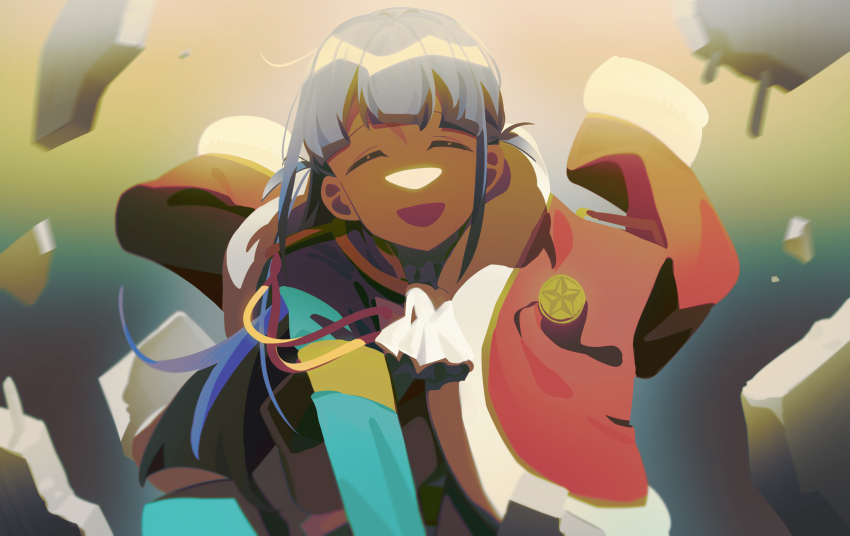 1girl ^_^ absurdres ascot blurry blurry_background closed_eyes debris depth_of_field facing_viewer fur-trimmed_jacket fur_trim green_jacket highres jacket jacket_on_shoulders long_hair long_sleeves open_mouth purple_hair red_jacket shoujo_kageki_revue_starlight sidelocks smile solo straight-on takano_daidokoro tsuyuzaki_mahiru two_side_up upper_body white_ascot