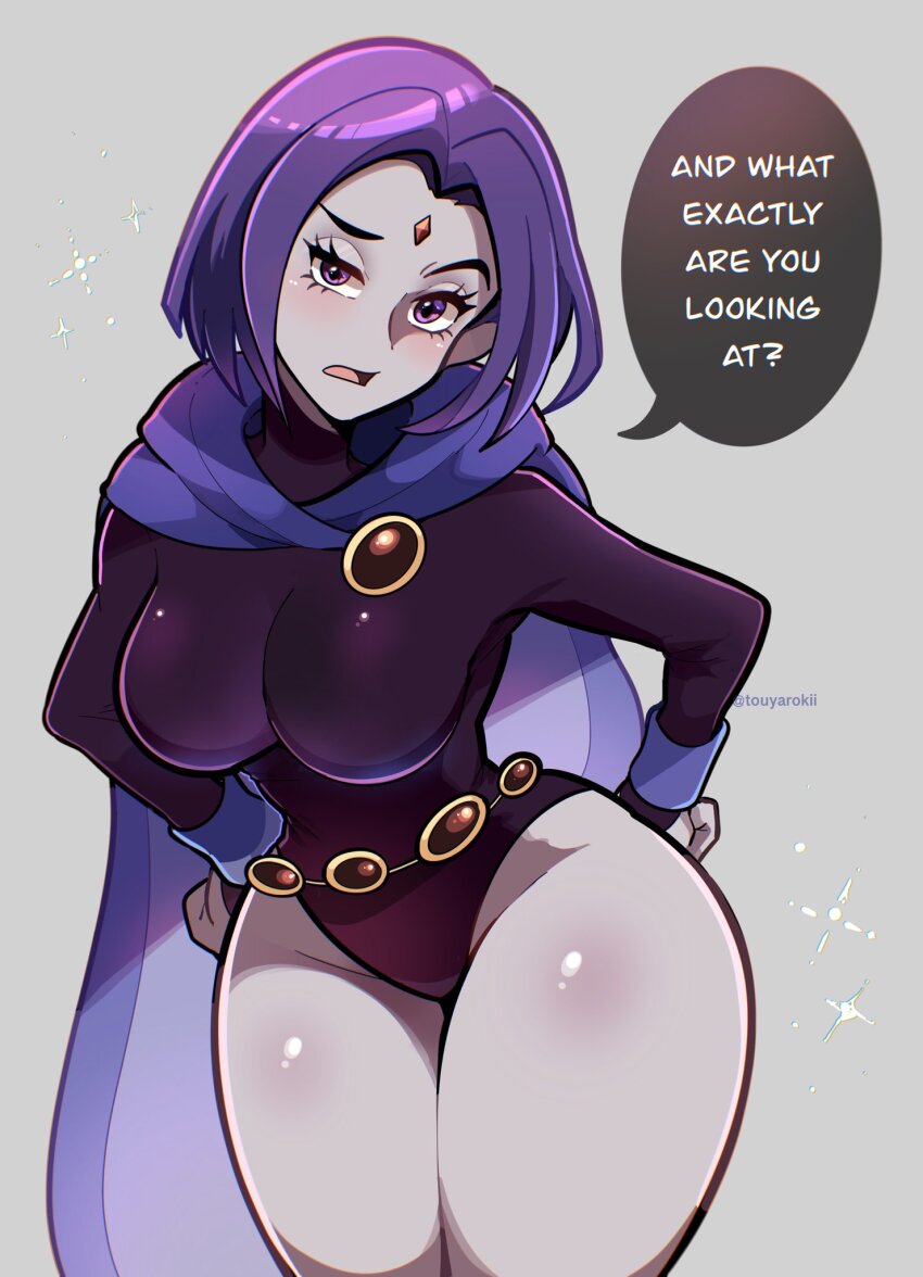 1girl black_leotard breasts cloak colored_skin dc_comics forehead_jewel grey_skin highres leotard medium_breasts purple_cloak purple_eyes purple_hair raven_(dc) short_hair simple_background sleeved_leotard solo teen_titans thick_thighs thighs touyarokii