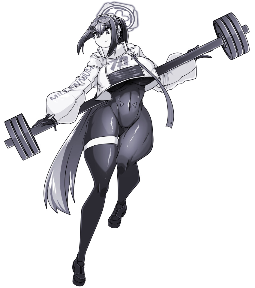 1girl absurdres asymmetrical_bodysuit blue_archive bodysuit boots breasts commission cosplay covered_navel cropped_jacket eyewear_on_head full_body gloves halo hatsune_miku highres large_breasts lazy_ant leg_up long_hair long_sleeves millennium_science_school_logo monochrome narrow_waist pixiv_commission ponytail puffy_long_sleeves puffy_sleeves race_queen racing_miku racing_miku_(cosplay) sidelocks simple_background single_leg_bodysuit single_thigh_boot smile standing standing_on_one_leg sumire_(blue_archive) sunglasses thick_thighs thigh_boots thighhighs thighs tight_clothes very_long_hair vocaloid weights white_background wide_hips zettai_ryouiki