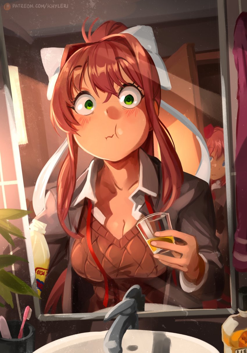 2girls absurdres acid blue_eyes bottle breasts caught cleavage commentary doki_doki_literature_club english_commentary green_eyes hair_ribbon highres imminent_death khyle. large_breasts mirror monika_(doki_doki_literature_club) multiple_girls orange_hair ponytail ribbon sayori_(doki_doki_literature_club) school_uniform sink surprised sweater_vest toothbrush you&#039;re_doing_it_wrong