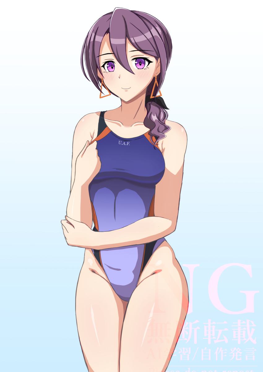 1girl absurdres blue_background blue_one-piece_swimsuit breasts commentary_request competition_swimsuit earrings gradient_background gradient_one-piece_swimsuit hair_between_eyes hair_over_shoulder highleg highleg_one-piece_swimsuit highres jewelry long_hair medium_breasts multicolored_swimsuit one-piece_swimsuit purple_eyes purple_hair seppatsumaru solo standing swimsuit triangle_earrings tsurugi_ryoka umamusume watermark