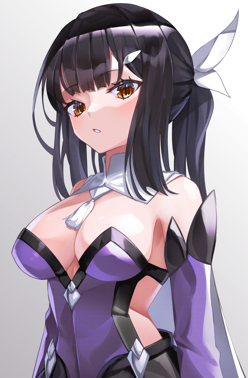 1girl absurdres alternate_breast_size arms_at_sides bad_id bad_pixiv_id bare_shoulders black_hair blunt_bangs breasts cleavage cloak detached_sleeves fate/kaleid_liner_prisma_illya fate_(series) hair_ornament hair_ribbon highres looking_to_the_side medium_breasts miyu_edelfelt miyu_edelfelt_(magical_girl) open_mouth ribbon twintails umeo_(pixiv51103813) white_background white_cloak yellow_eyes
