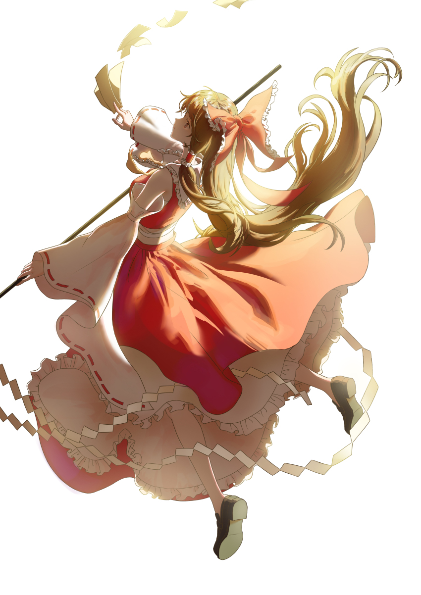 1girl absurdres ascot between_fingers bow brown_hair commentary detached_sleeves frilled_bow frilled_hair_tubes frills gohei hair_bow hair_tubes hakurei_reimu highres holding holding_gohei long_hair ofuda ofuda_between_fingers red_bow red_skirt ribbon-trimmed_sleeves ribbon_trim risabellej shoes simple_background skirt skirt_set solo touhou white_background yellow_ascot