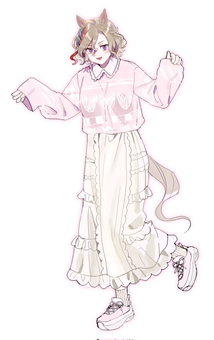 1girl alternate_costume animal_ears blush_stickers brown_hair casual corrupted_twitter_file frilled_shirt_collar frilled_skirt frills highres horse_ears horse_girl horse_tail long_skirt multicolored_hair open_mouth pink_shirt purple_eyes shirt shoes short_hair simple_background skirt sleeves_past_wrists smile sneakers socks solo standing standing_on_one_leg streaked_hair tail tap_dance_city_(umamusume) uma_ozisan umamusume white_background white_shoes white_skirt white_socks