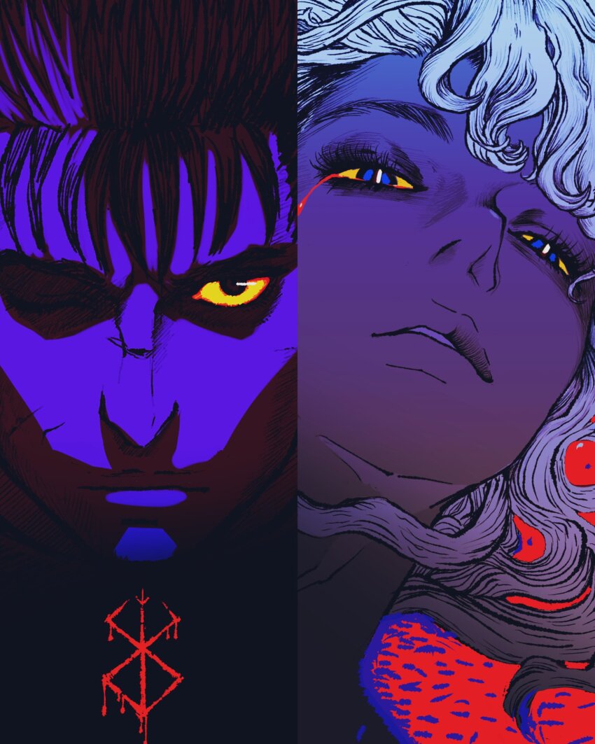 2boys berserk black_hair blue_eyes brand_of_sacrifice commentary english_commentary eyelashes griffith_(berserk) guts_(berserk) highres long_hair looking_at_viewer multicolored_hair multiple_boys nisino2222 serious short_hair streaked_hair wavy_hair white_hair